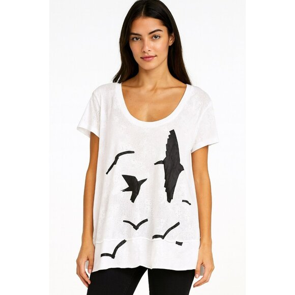We The Free White Scoop Neck Bird Print Lace Oversized Tee Small - Picture 1 of 8